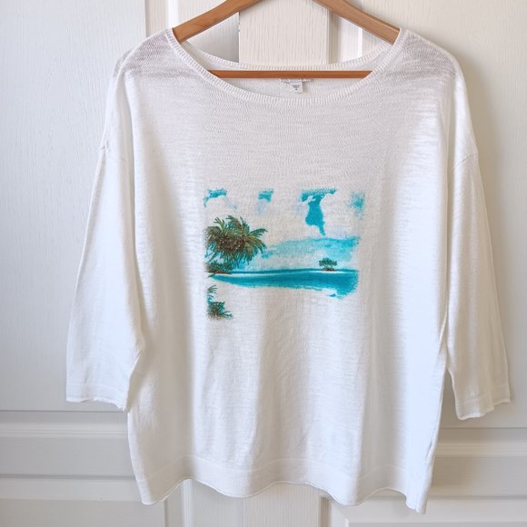 J. Jill Women's White Linen Blend Beach Scene Three Quarter Sleeve Tee Size M - Picture 1 of 9